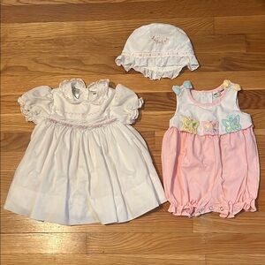 Baby Sarah Louise smocked White Dress‎ (6months), Pink butterfly Romper, and hat